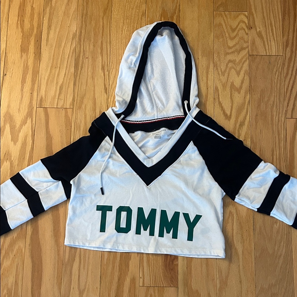 Urban Outfitters Tommy Hilfiger Black and White V-Neck Hoodie Sweater